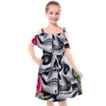 Black Skulls Red Roses Kids  Cut Out Shoulders Chiffon Dress