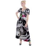 Black Skulls Red Roses Button Up Short Sleeve Maxi Dress