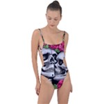 Black Skulls Red Roses Tie Strap One Piece Swimsuit