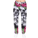 Black Skulls Red Roses Women Velvet Drawstring Pants