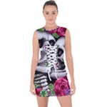 Black Skulls Red Roses Lace Up Front Bodycon Dress