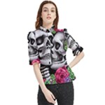 Black Skulls Red Roses Frill Neck Blouse