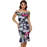 Black Skulls Red Roses Off Shoulder Ruffle Split Hem Bodycon Dress