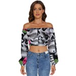 Black Skulls Red Roses Long Sleeve Crinkled Weave Crop Top