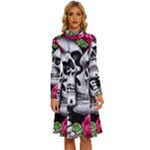 Black Skulls Red Roses Long Sleeve Shirt Collar A-Line Dress