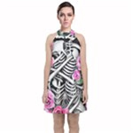 Floral Skeletons Velvet Halter Neckline Dress 