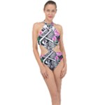 Floral Skeletons Halter Side Cut Swimsuit