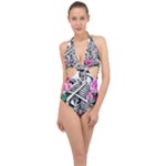 Floral Skeletons Halter Front Plunge Swimsuit