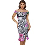 Floral Skeletons Off Shoulder Ruffle Split Hem Bodycon Dress