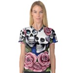 Skulls and Flowers V-Neck Sport Mesh Tee