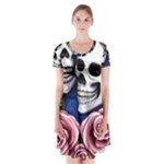 Skulls and Flowers Short Sleeve V-neck Flare Dress