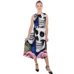 Skulls and Flowers Midi Tie-Back Chiffon Dress