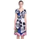 Skulls and Flowers Short Sleeve Front Wrap Dress