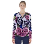 Skulls and Flowers V-Neck Long Sleeve Top