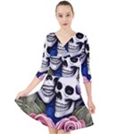 Skulls and Flowers Quarter Sleeve Front Wrap Dress