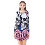 Skulls and Flowers Long Sleeve V-neck Flare Dress