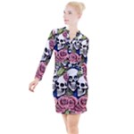 Skulls and Flowers Button Long Sleeve Dress