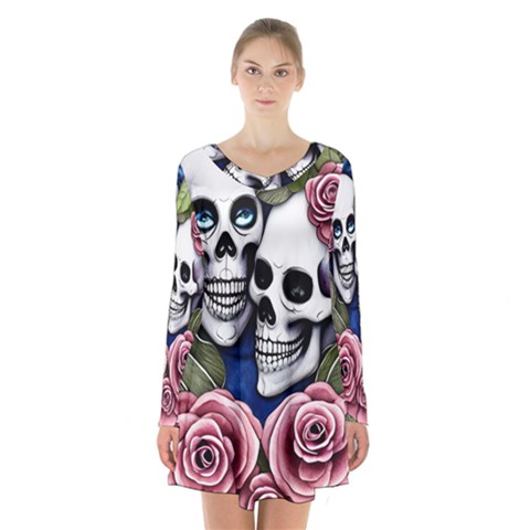 Skulls and Flowers Long Sleeve Velvet V