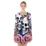 Skulls and Flowers Long Sleeve Velvet V-neck Dress