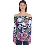 Skulls and Flowers Off Shoulder Long Sleeve Top