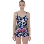 Skulls and Flowers Tie Front Two Piece Tankini