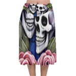 Skulls and Flowers Velvet Flared Midi Skirt