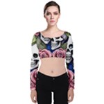 Skulls and Flowers Velvet Long Sleeve Crop Top