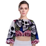 Skulls and Flowers Tie Back Butterfly Sleeve Chiffon Top