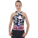 Skulls and Flowers Cross Neck Velour Top