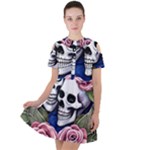 Skulls and Flowers Short Sleeve Shoulder Cut Out Dress 