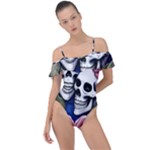 Skulls and Flowers Frill Detail One Piece Swimsuit