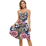 Skulls and Flowers Sleeveless Tie Front Chiffon Dress