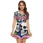 Skulls and Flowers V-Neck High Waist Chiffon Mini Dress