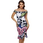 Skulls and Flowers Off Shoulder Ruffle Split Hem Bodycon Dress