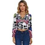 Skulls and Flowers Long Sleeve V-Neck Top