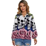 Skulls and Flowers Women s Long Sleeve Button Down Shirt