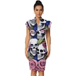 Skulls and Flowers Vintage Frill Sleeve V-Neck Bodycon Dress