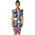 Skulls and Flowers Vintage Frill Sleeve V-Neck Bodycon Dress