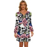 Skulls and Flowers Long Sleeve Waist Tie Ruffle Velour Dress