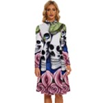 Skulls and Flowers Long Sleeve Shirt Collar A-Line Dress