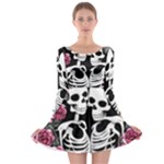 black and white rose sugar skull Long Sleeve Skater Dress