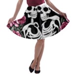 black and white rose sugar skull A-line Skater Skirt