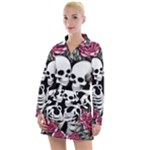 black and white rose sugar skull Women s Long Sleeve Casual Dress