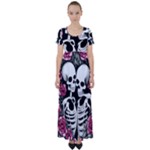 black and white rose sugar skull High Waist Short Sleeve Maxi Dress