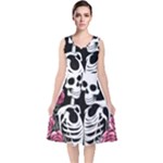 black and white rose sugar skull V-Neck Midi Sleeveless Dress 