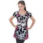 black and white rose sugar skull Puff Sleeve Tunic Top