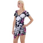 black and white rose sugar skull Short Sleeve Asymmetric Mini Dress