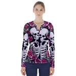 black and white rose sugar skull V-Neck Long Sleeve Top