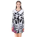 black and white rose sugar skull Long Sleeve V-neck Flare Dress