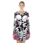 black and white rose sugar skull Long Sleeve Velvet V-neck Dress